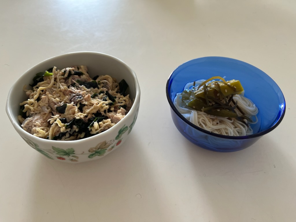 さば缶切干、塩オクラそうめん。