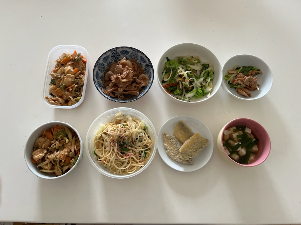 タンドリーチキン、スパゲティサラダ、アジフライ、鶏のゆで汁スープ、豚肉焼き肉のたれ味、野菜炒め