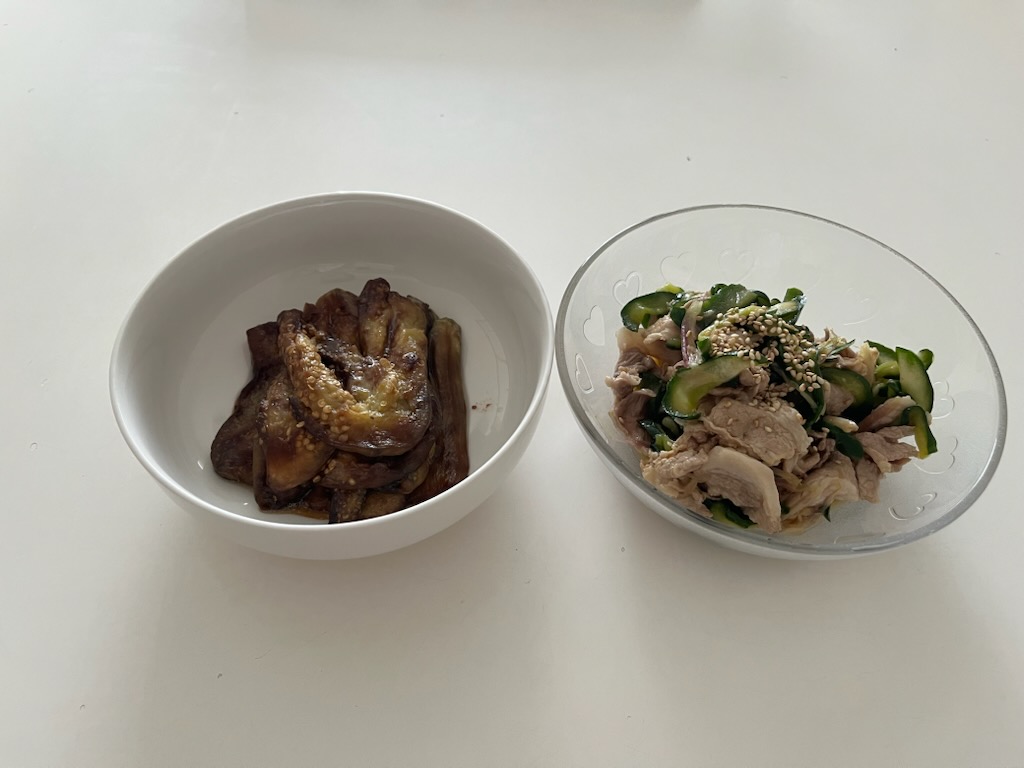なすの蒲焼、豚しゃぶサラダ