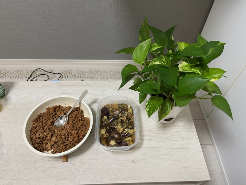 中華肉みそ、なす麵つゆ漬け。