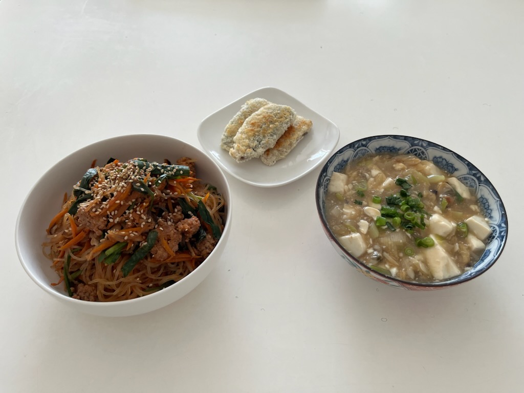 レンジチャプチェ、アジフライ、あさりと豆腐の旨煮