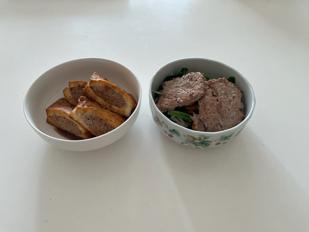 厚揚げ肉詰め煮、ラーメン用野菜炒め