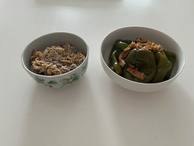 さば缶切干、ピーマン丸ごと煮。