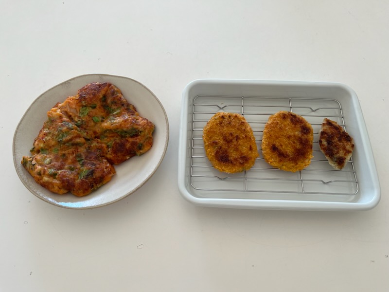 豆腐キムチチヂミ、コロッケ、アジフライ