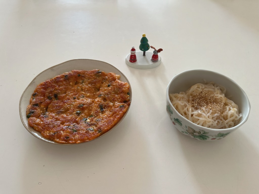 豆腐とキムチのチヂミ、たらこ白滝