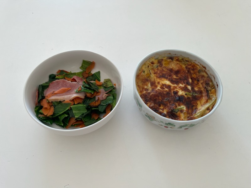 ハムと野菜の炒め物、皮なしキッシュ