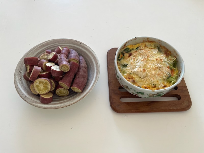 ゆでさつまいも、皮なしキッシュ