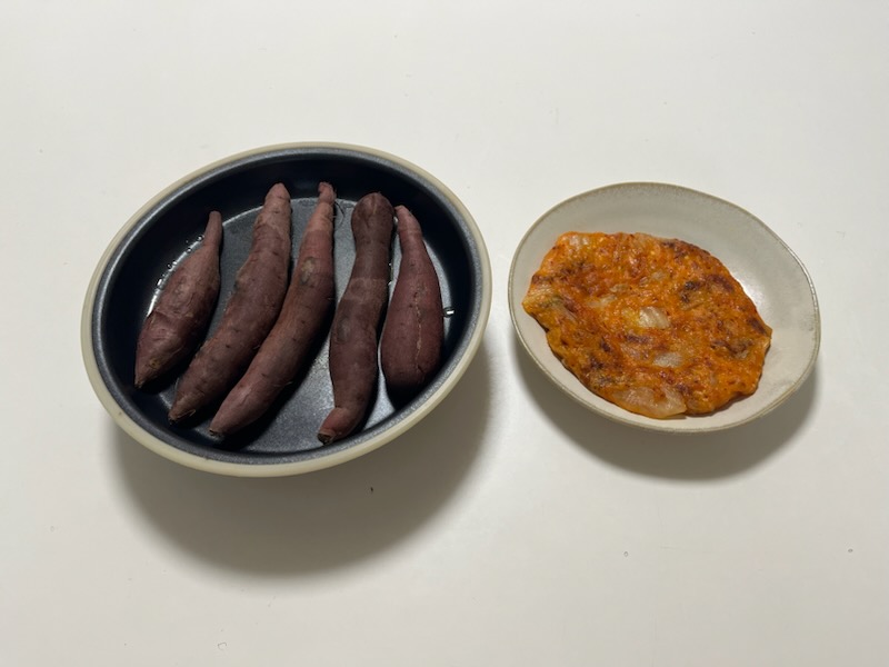 焼き芋、豆腐とキムチのチヂミ