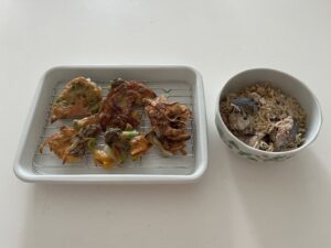 さば缶切り干し、豆腐衣のかき揚げ