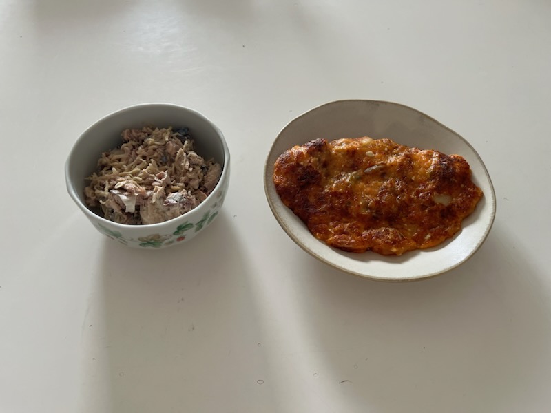 さば缶切干、豆腐とキムチのチヂミ