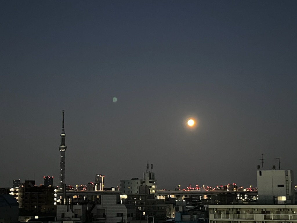 朝５時前のスカイツリーと満月