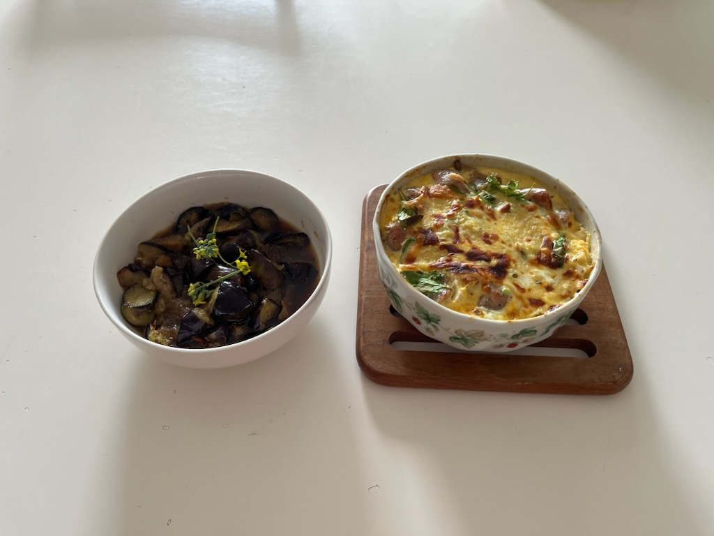 なす麺つゆ、皮なしキッシュ