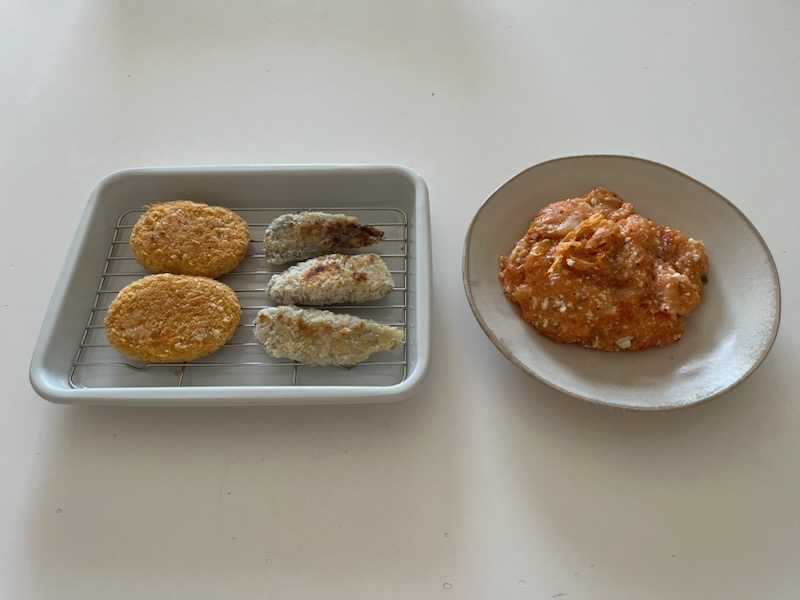 冷凍コロッケ・アジフライ焼き、豆腐とキムチのチヂミ