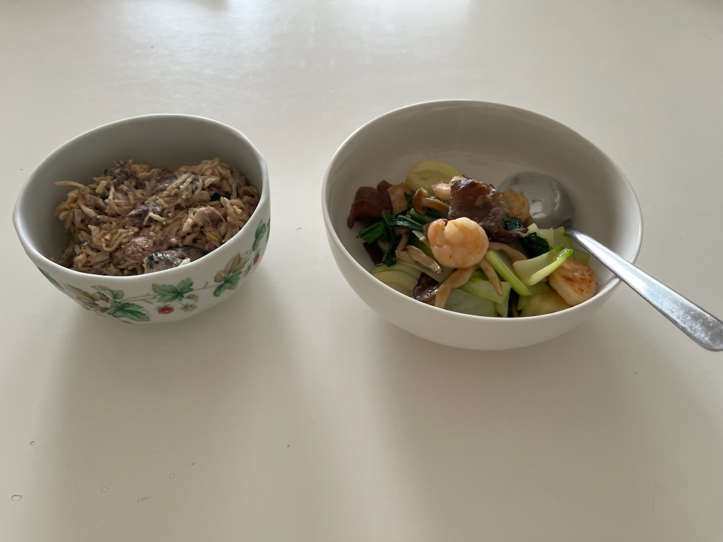 さば缶切干、海老と青梗菜の炒め物
