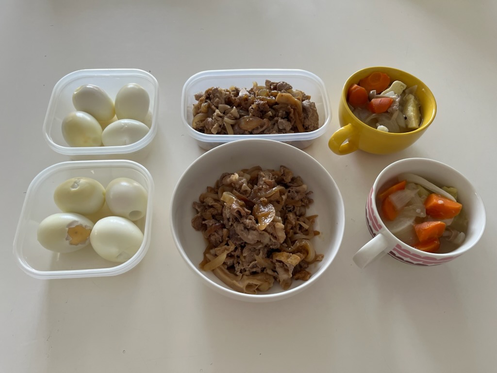 焼き卵、豚丼の具、ポトフ