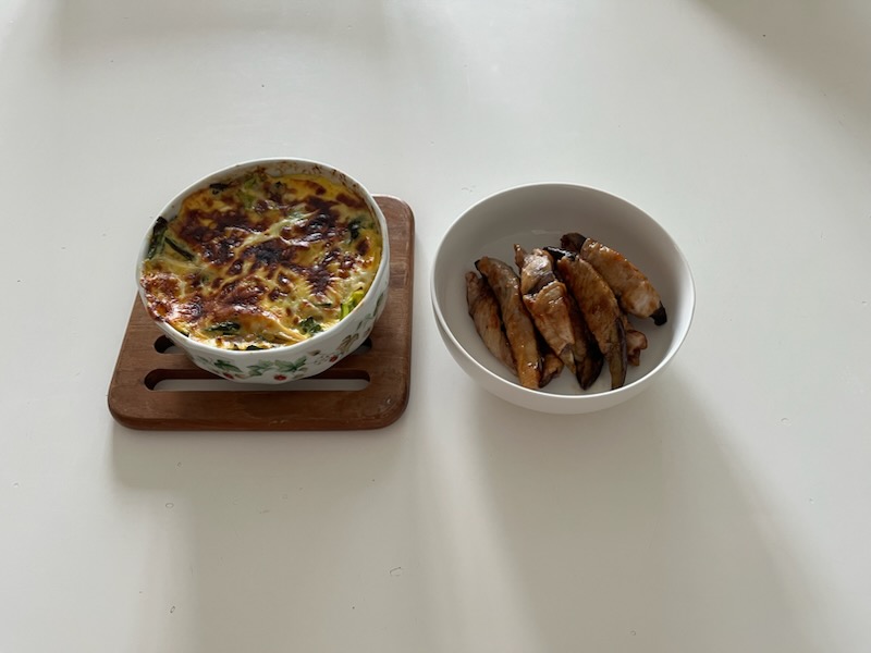 皮なしキッシュ、なすの豚肉巻き