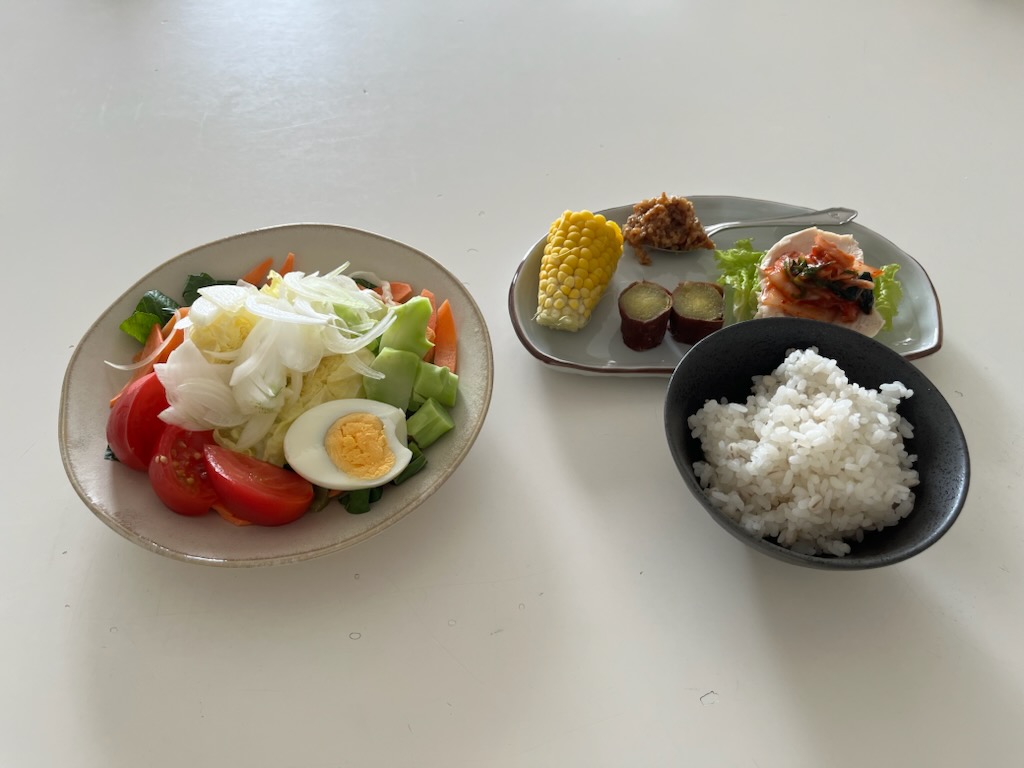 サラダプレート、おかずプレート、白米