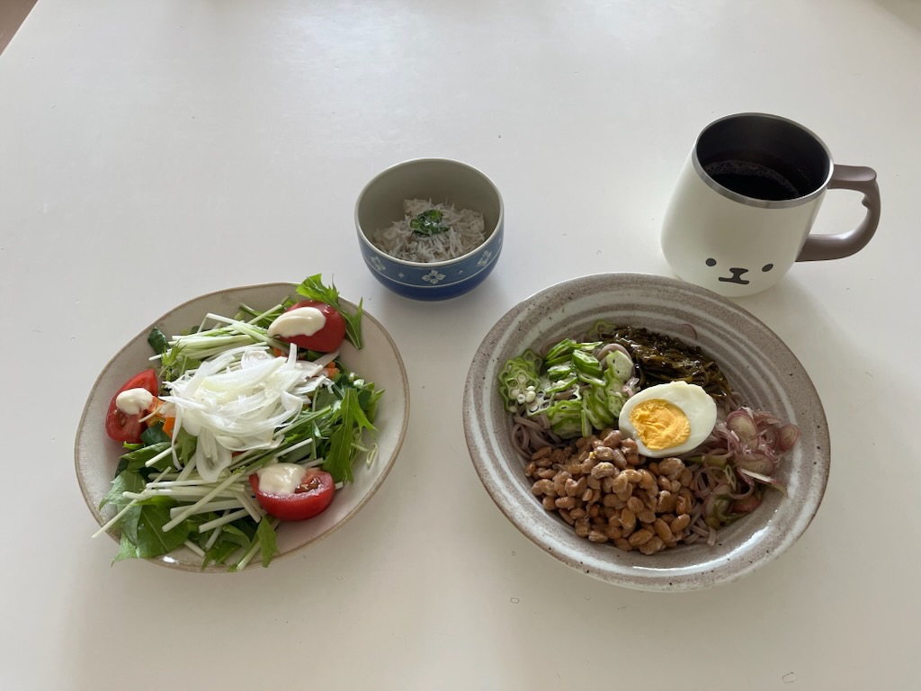サラダとねばねば蕎麦としらす丼