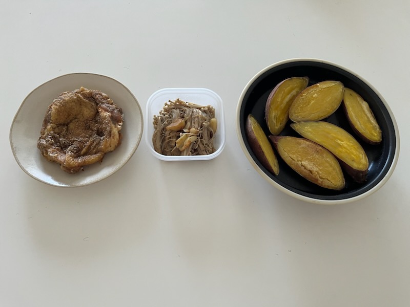 ノンフライヤーで４毒抜きケンタ風、えのきのペペロンチーノ、レンジで焼き芋
