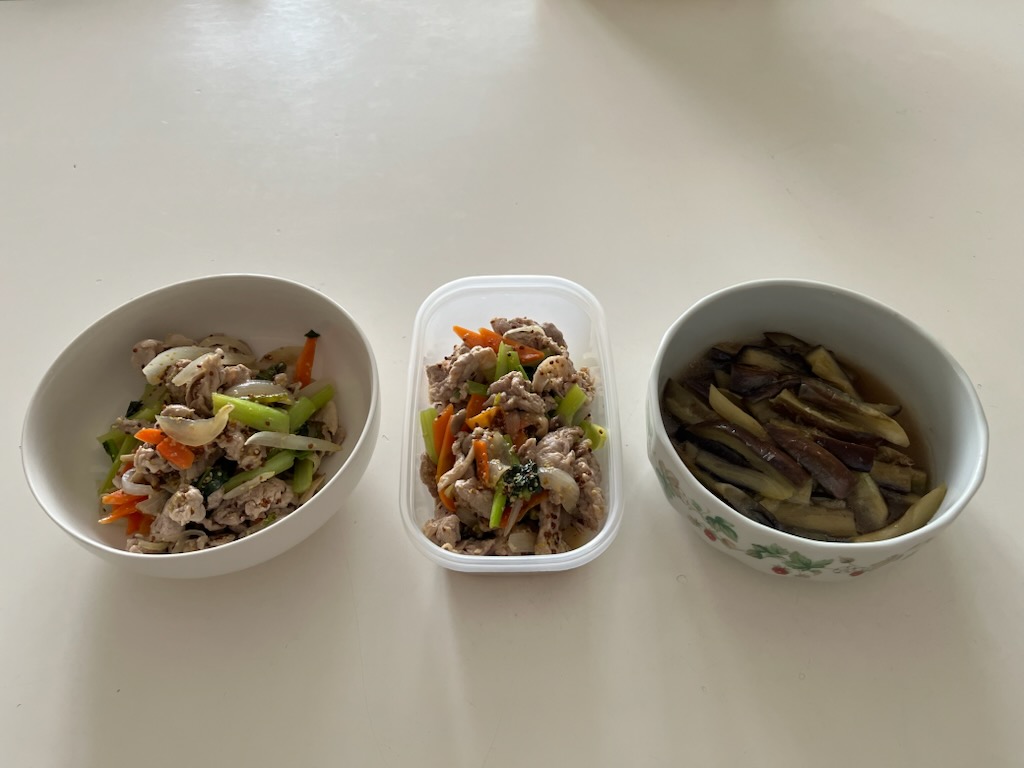 豚肉と野菜の粒マスタードソース、なすの煮びたし