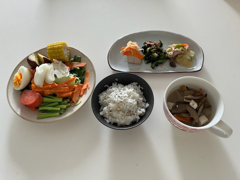 サラダプレート、しらすトッピング白米、おかずプレート、豚汁風味噌汁