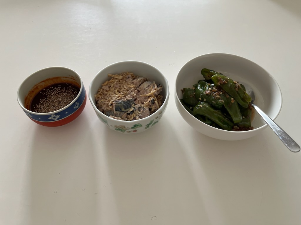 焼き肉のたれ風、さば缶切干、ピーマンの煮びたし