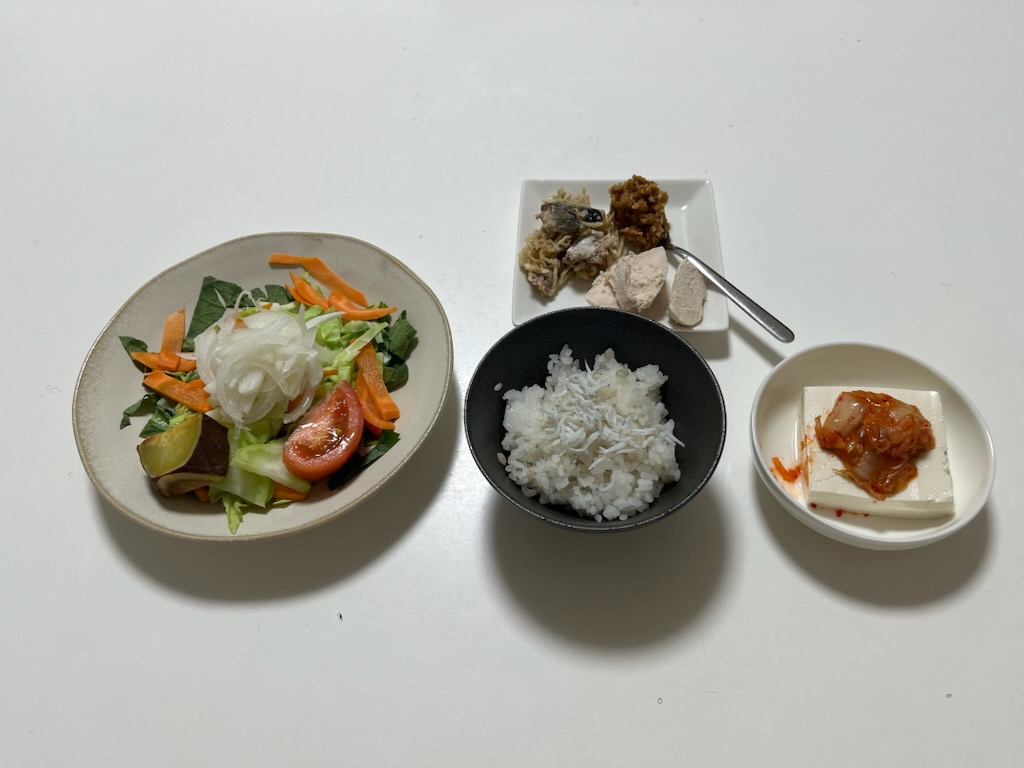サラダプレート、しらすトッピング白米、おかずプレート、木綿豆腐とキムチ