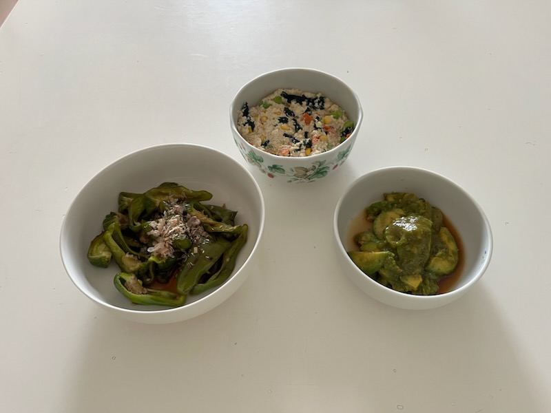 ピーマンの煮びたし、木綿豆腐とわかめのカラフルサラダ、アボカドの和え物