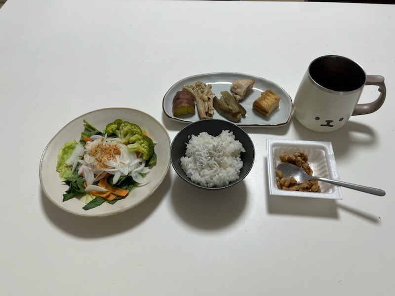 サラダプレート、おかずプレート、しらすトッピング白米、納豆麹入り納豆