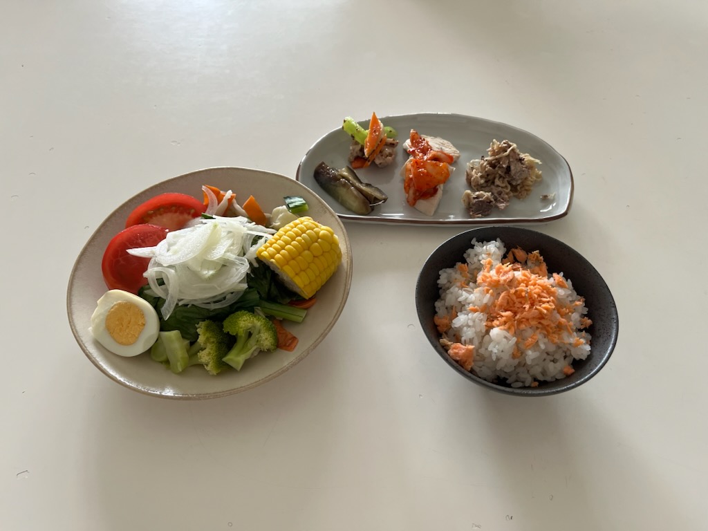 サラダプレート、おかずプレート、鮭トッピング白米