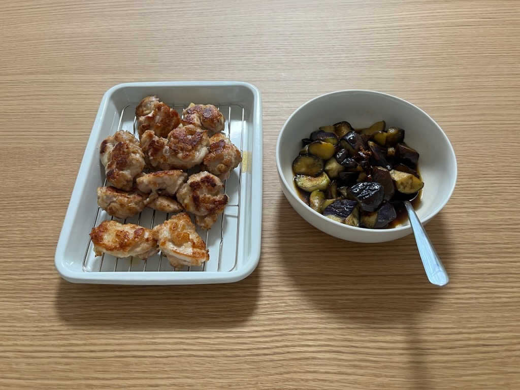 揚げない梅から揚げ、なす麵つゆ漬け