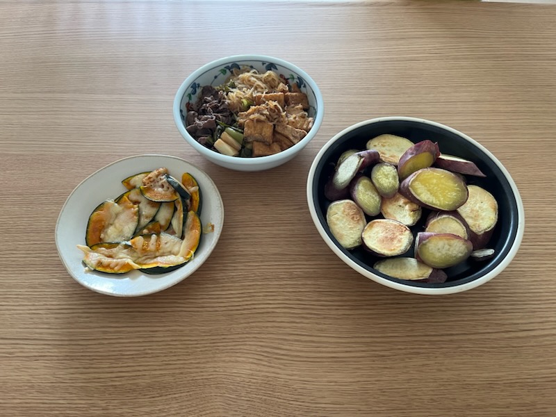 かぼちゃチーズ焼き、肉豆腐、レンジで焼き芋