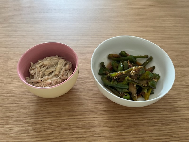 えのきの柚子胡椒和え、ピーマン煮