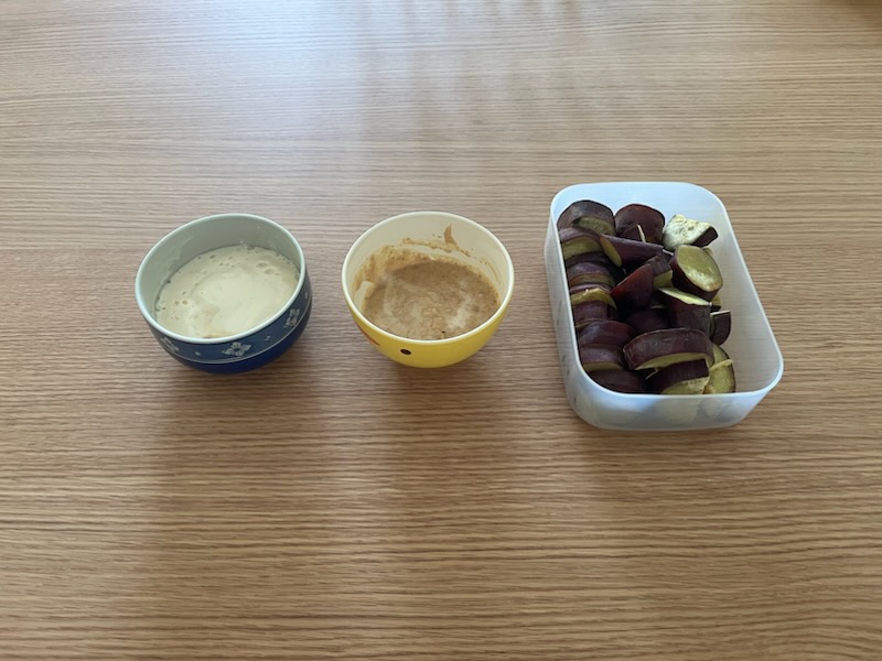 豆乳マヨネーズ、ごまだれ、レンジ焼き芋