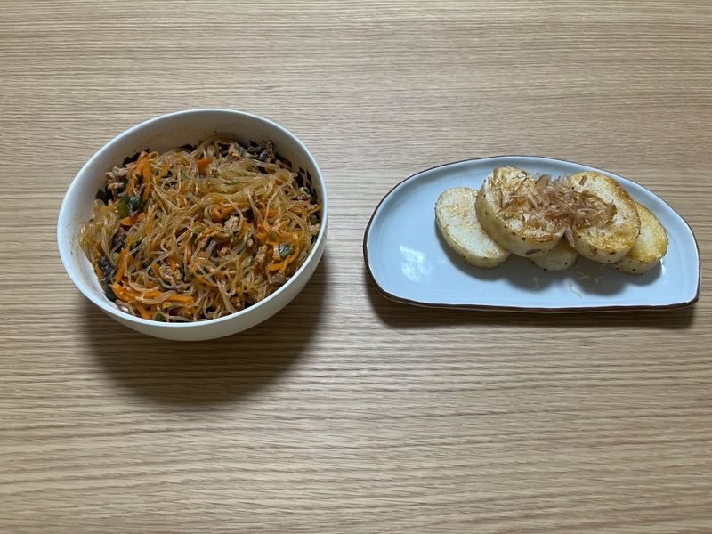 レンジチャプチェ、長芋のステーキ
